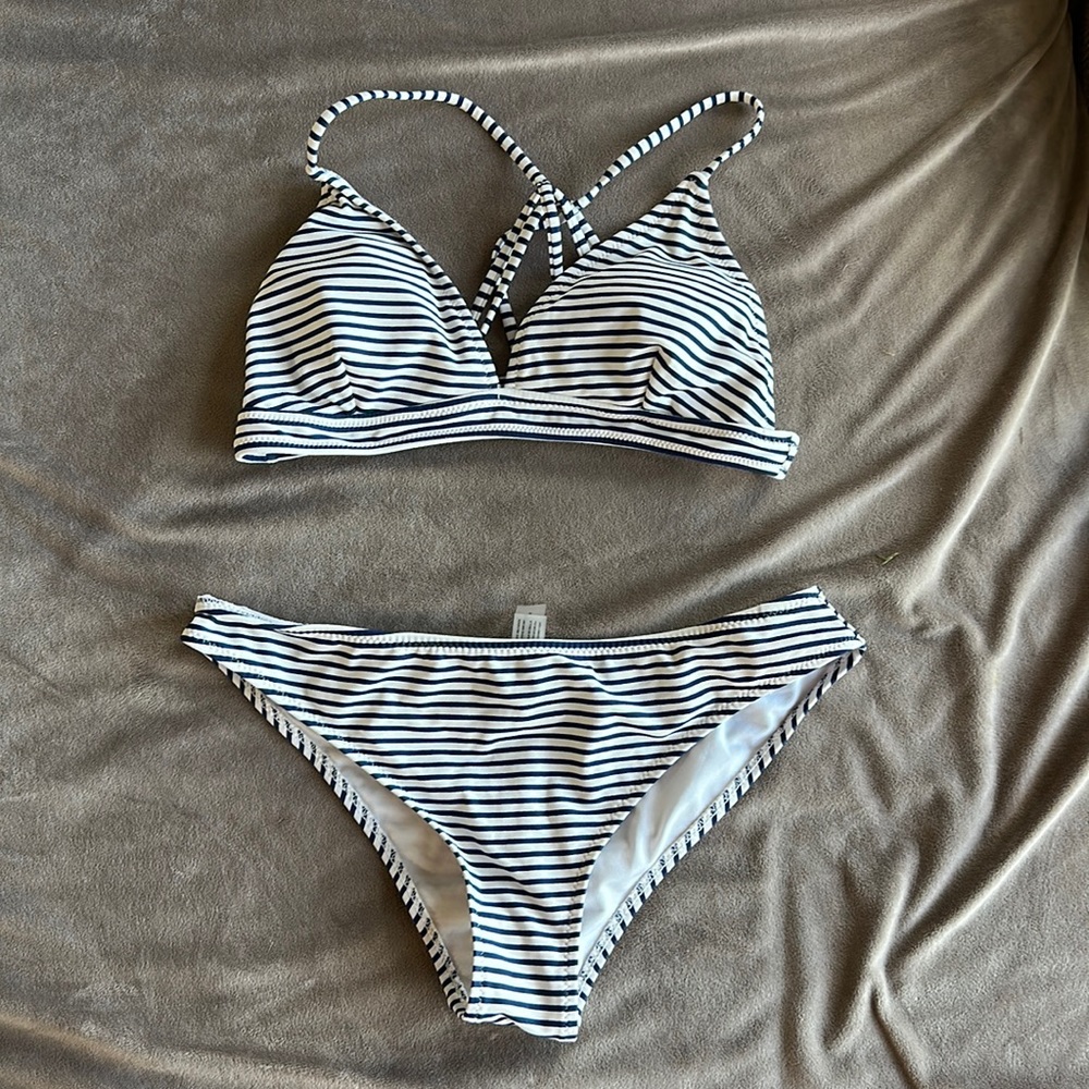 Blue and white striped bikini